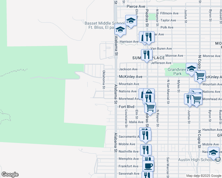 map of restaurants, bars, coffee shops, grocery stores, and more near 2512 Nations Avenue in El Paso