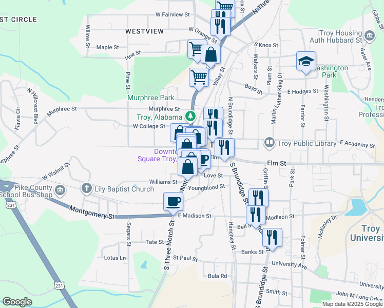 map of restaurants, bars, coffee shops, grocery stores, and more near 76 Elm Street in Troy