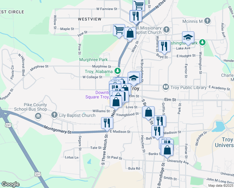 map of restaurants, bars, coffee shops, grocery stores, and more near 76 Elm Street in Troy