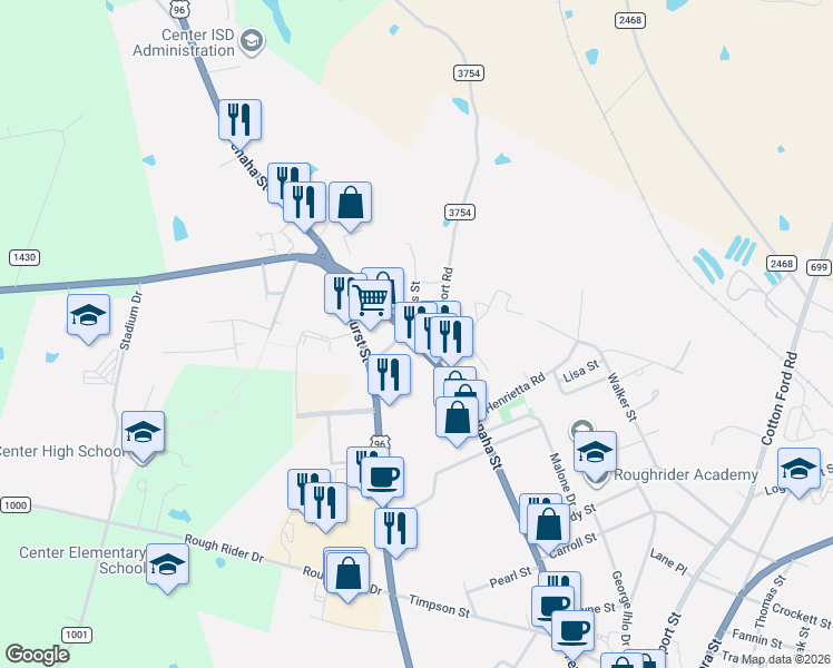 map of restaurants, bars, coffee shops, grocery stores, and more near 868 Tenaha Street in Center