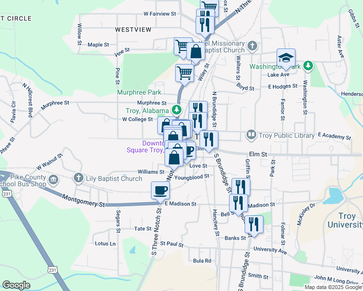 map of restaurants, bars, coffee shops, grocery stores, and more near 76 Elm Street in Troy