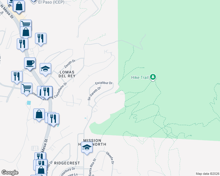 map of restaurants, bars, coffee shops, grocery stores, and more near 4800 Excalibur Drive in El Paso