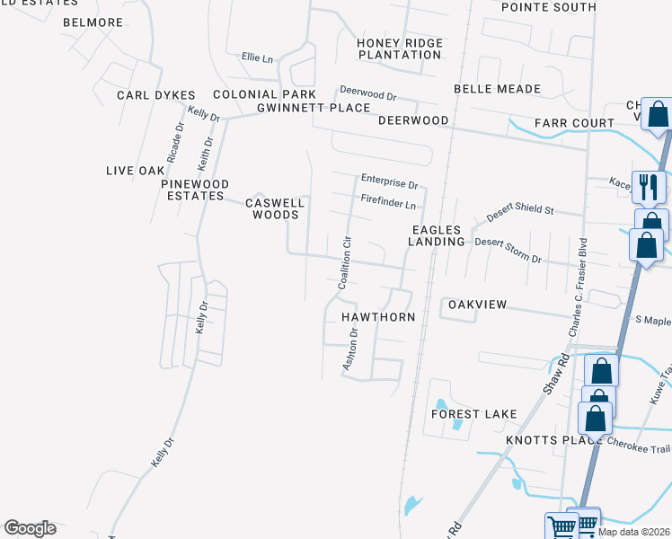 map of restaurants, bars, coffee shops, grocery stores, and more near 1442 Paul Caswell Boulevard in Hinesville