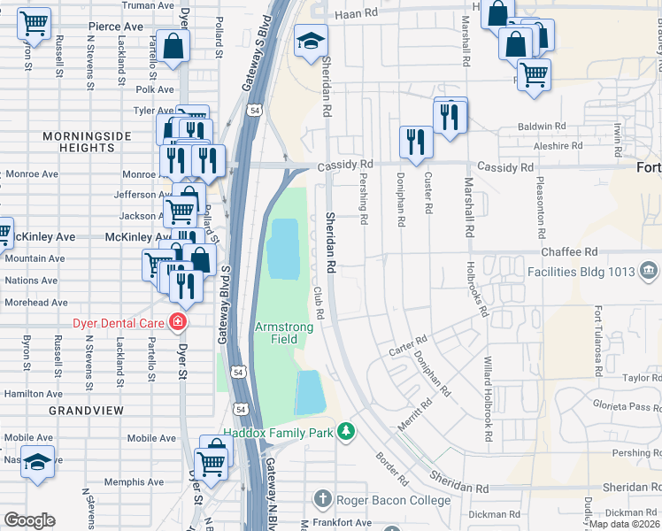 map of restaurants, bars, coffee shops, grocery stores, and more near Sheridan Road in El Paso