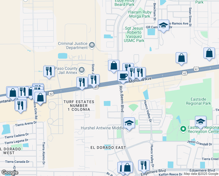 map of restaurants, bars, coffee shops, grocery stores, and more near 12601-12637 Montana Ave in El Paso