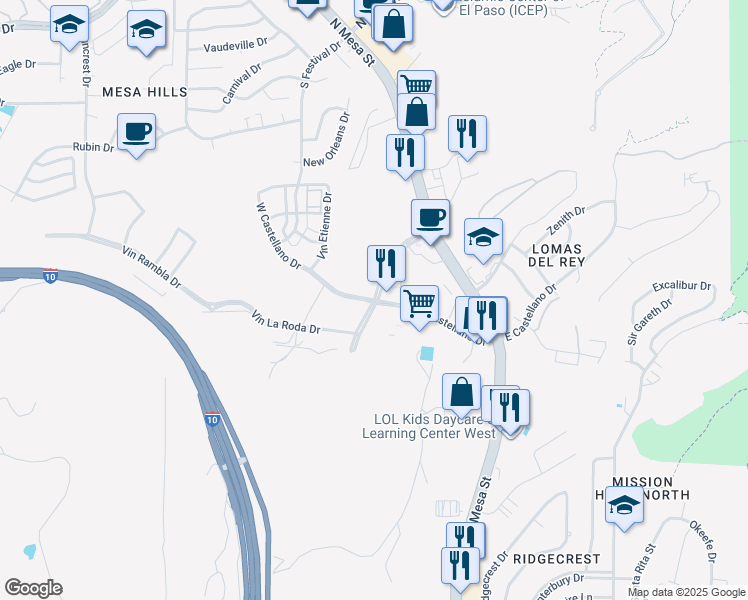 map of restaurants, bars, coffee shops, grocery stores, and more near West Castellano Drive in El Paso