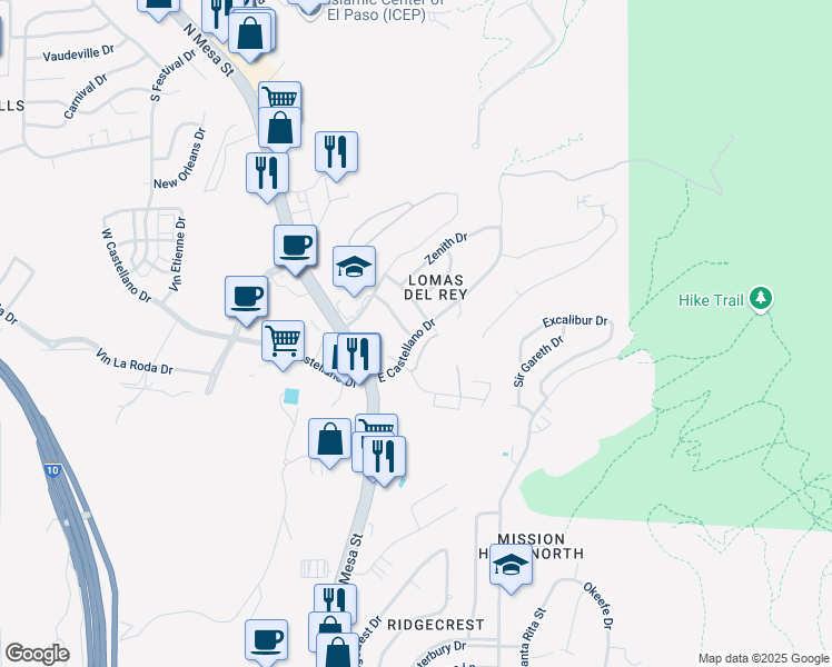 map of restaurants, bars, coffee shops, grocery stores, and more near 4851 Los Reales Drive in El Paso