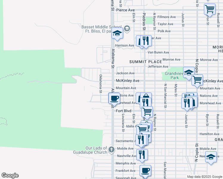 map of restaurants, bars, coffee shops, grocery stores, and more near 2605 Mountain Avenue in El Paso