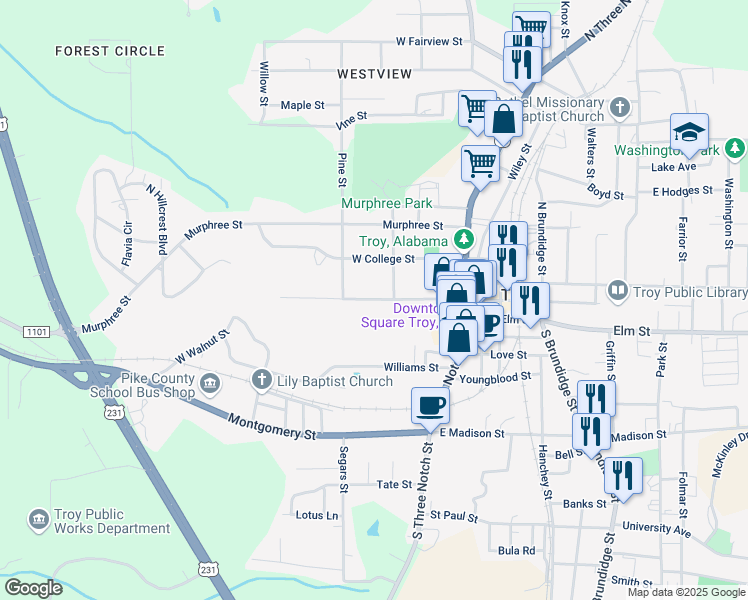 map of restaurants, bars, coffee shops, grocery stores, and more near 310 West Walnut Street in Troy