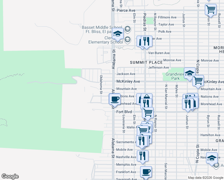 map of restaurants, bars, coffee shops, grocery stores, and more near 2605 Mountain Avenue in El Paso