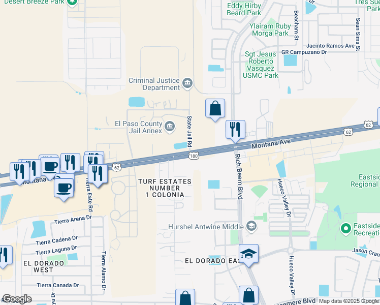 map of restaurants, bars, coffee shops, grocery stores, and more near 12601 Montana Avenue in El Paso