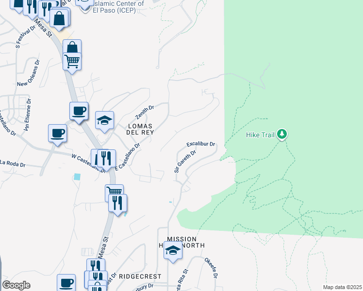 map of restaurants, bars, coffee shops, grocery stores, and more near 4848 Excalibur Drive in El Paso