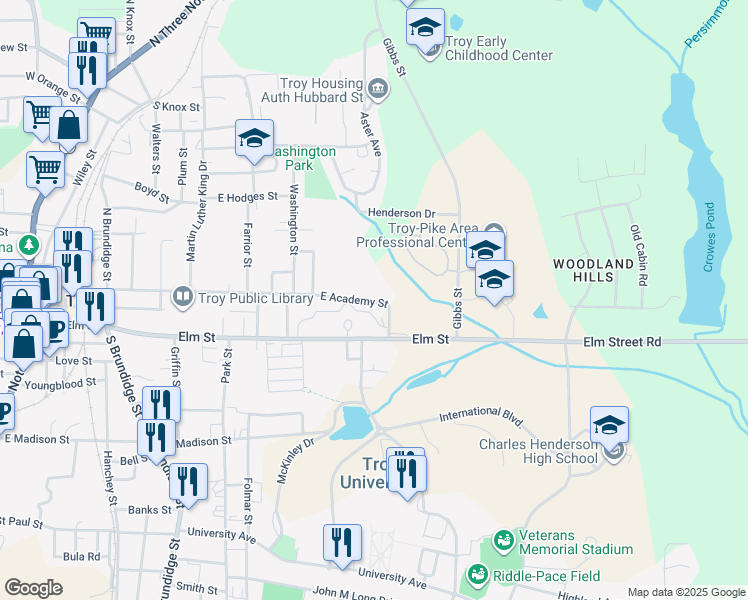 map of restaurants, bars, coffee shops, grocery stores, and more near 920 East Academy Street in Troy