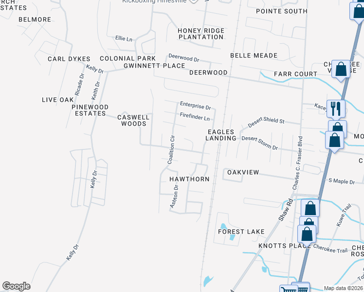 map of restaurants, bars, coffee shops, grocery stores, and more near 1431 Paul Caswell Boulevard in Hinesville