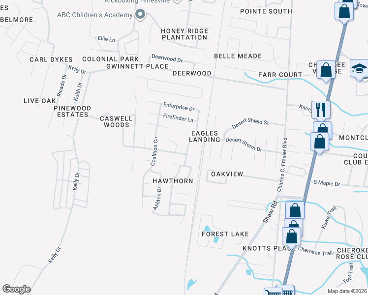 map of restaurants, bars, coffee shops, grocery stores, and more near 1413 Desert Storm Drive in Hinesville