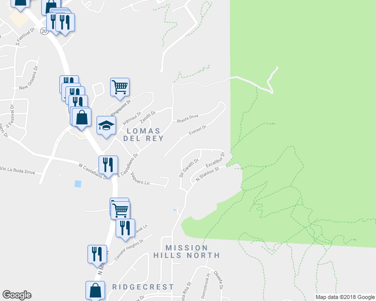 map of restaurants, bars, coffee shops, grocery stores, and more near 4848 Excalibur Drive in El Paso