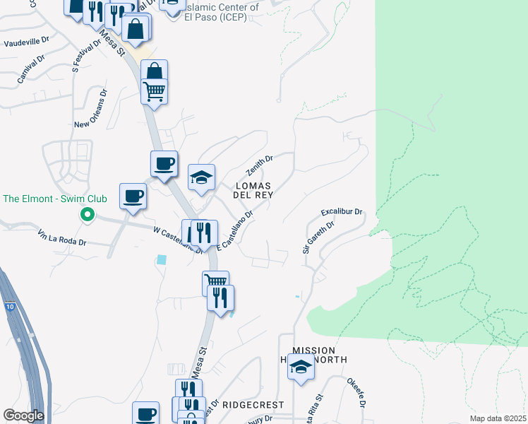 map of restaurants, bars, coffee shops, grocery stores, and more near 4844 Los Reales Drive in El Paso