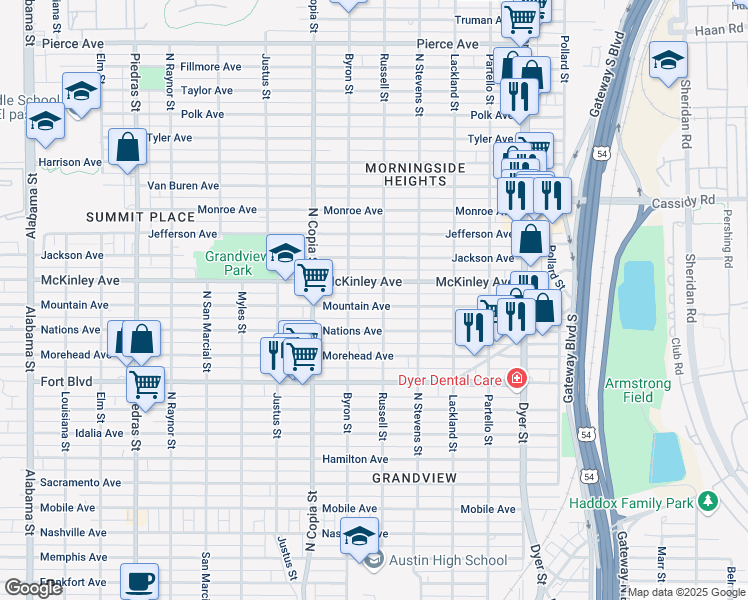 map of restaurants, bars, coffee shops, grocery stores, and more near 3521 Mountain Avenue in El Paso