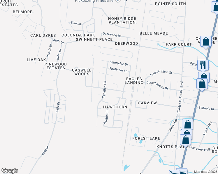 map of restaurants, bars, coffee shops, grocery stores, and more near 1433 Paul Caswell Boulevard in Hinesville