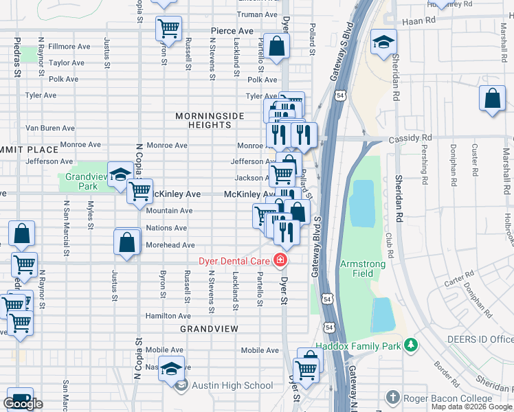 map of restaurants, bars, coffee shops, grocery stores, and more near 3831 Mountain Avenue in El Paso