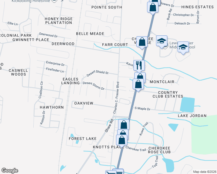 map of restaurants, bars, coffee shops, grocery stores, and more near 1101 Tom Cat Trail in Hinesville