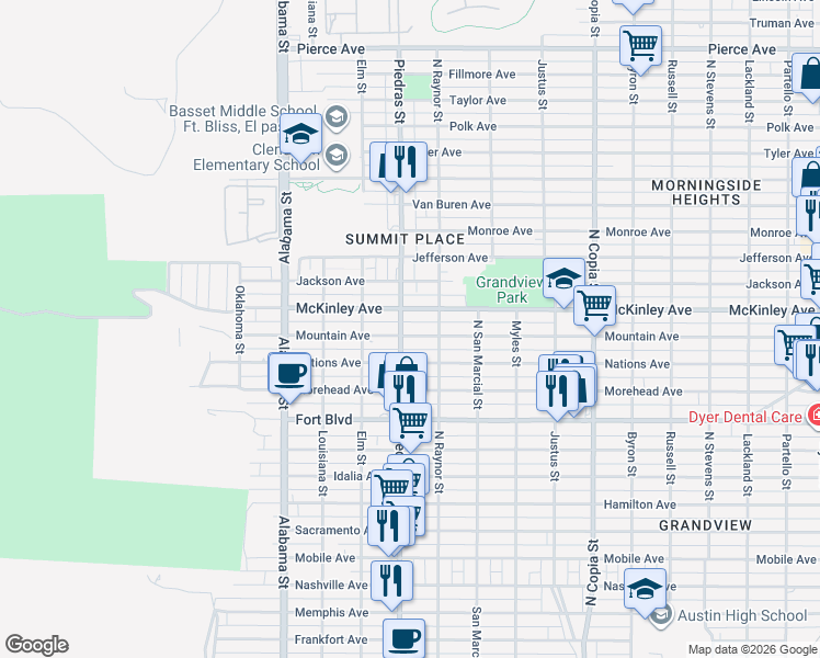 map of restaurants, bars, coffee shops, grocery stores, and more near 2905 Mountain Avenue in El Paso