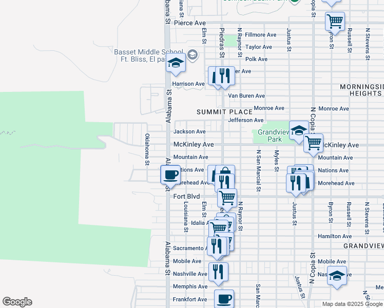 map of restaurants, bars, coffee shops, grocery stores, and more near 2707 Mountain Avenue in El Paso