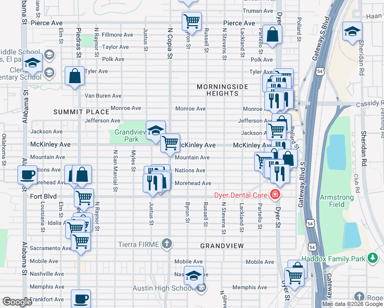 map of restaurants, bars, coffee shops, grocery stores, and more near 3505 Mountain Avenue in El Paso