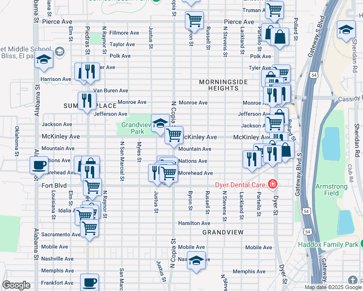 map of restaurants, bars, coffee shops, grocery stores, and more near 3405 Mountain Avenue in El Paso