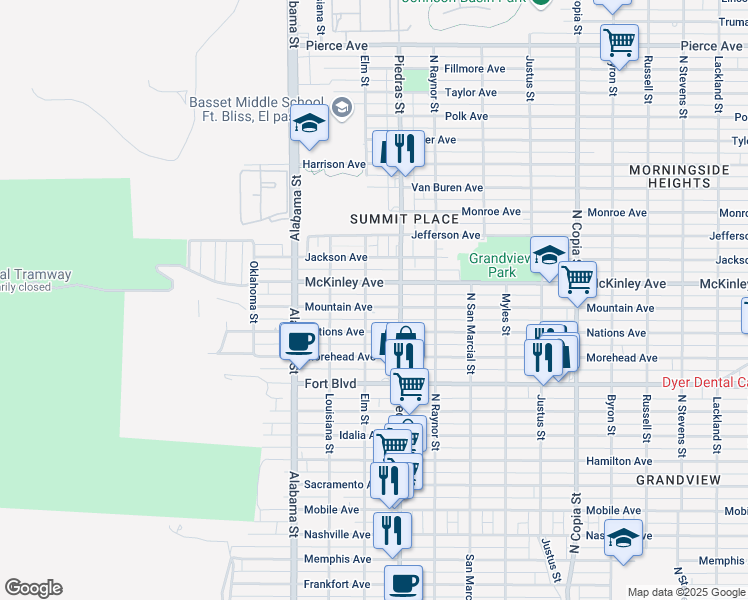 map of restaurants, bars, coffee shops, grocery stores, and more near 2805 Mountain Avenue in El Paso