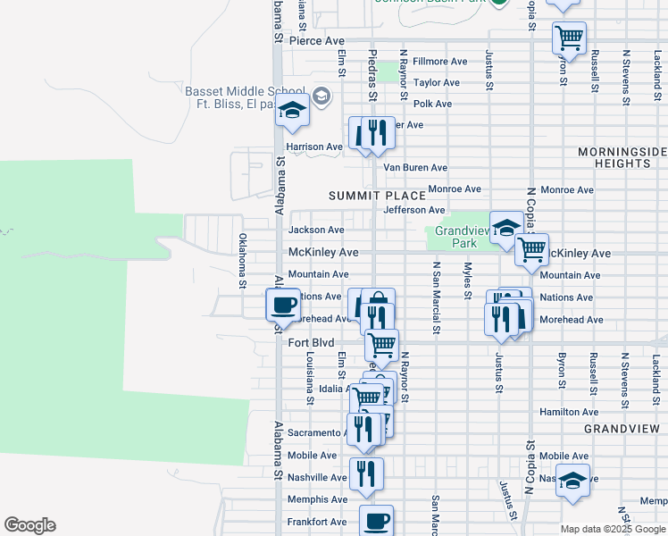 map of restaurants, bars, coffee shops, grocery stores, and more near 2805 Mountain Avenue in El Paso