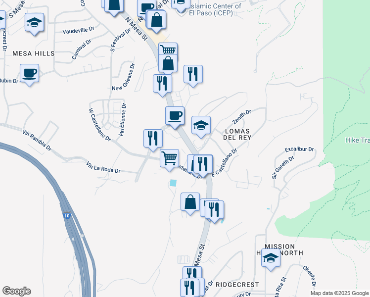map of restaurants, bars, coffee shops, grocery stores, and more near 125 West Castellano Drive in El Paso