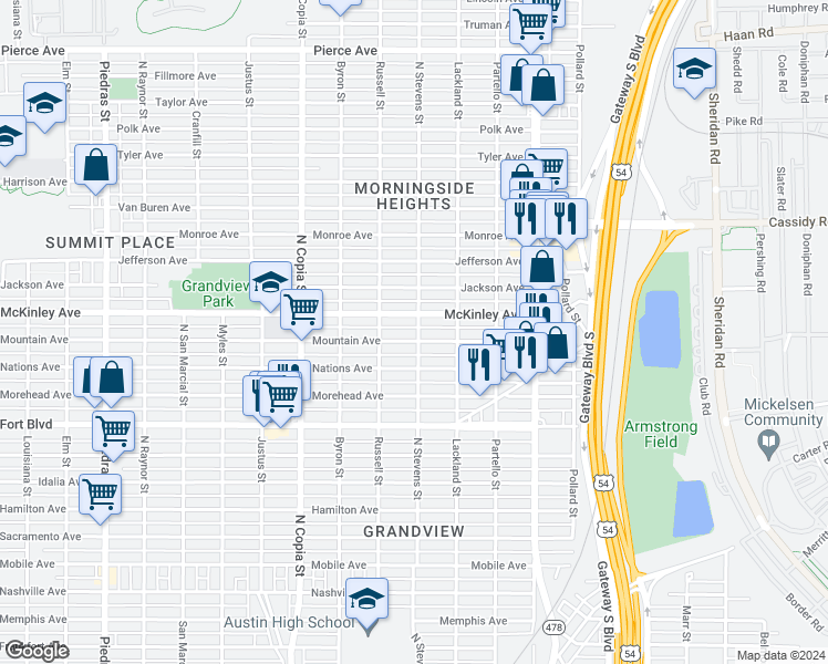 map of restaurants, bars, coffee shops, grocery stores, and more near 3705 Mountain Avenue in El Paso