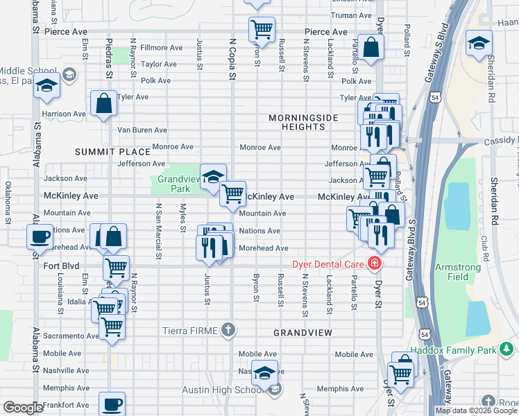map of restaurants, bars, coffee shops, grocery stores, and more near 3505 Mountain Avenue in El Paso
