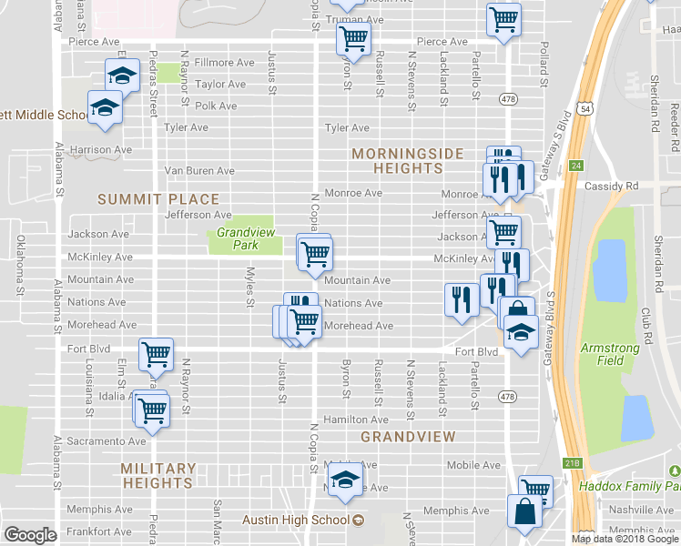 map of restaurants, bars, coffee shops, grocery stores, and more near 3505 Mountain Avenue in El Paso