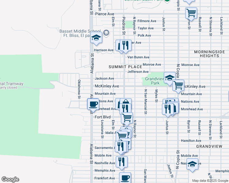 map of restaurants, bars, coffee shops, grocery stores, and more near 2805 Mountain Avenue in El Paso