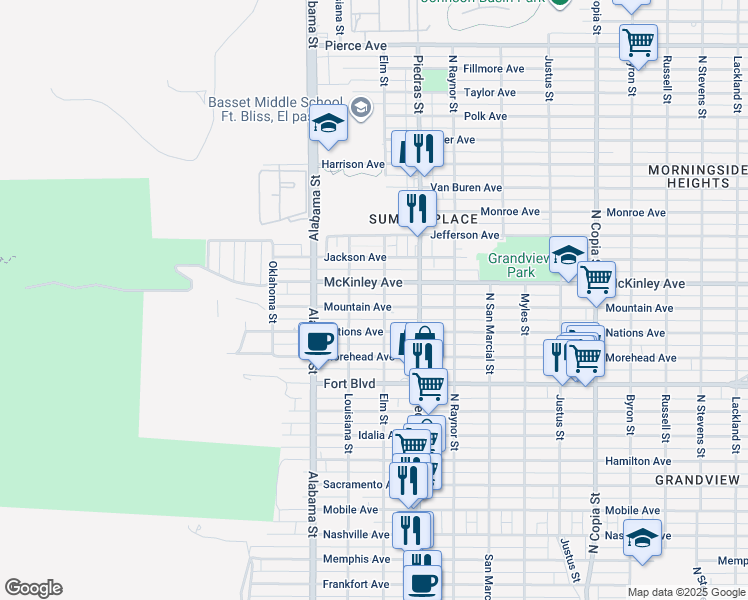 map of restaurants, bars, coffee shops, grocery stores, and more near 2707 Mountain Avenue in El Paso