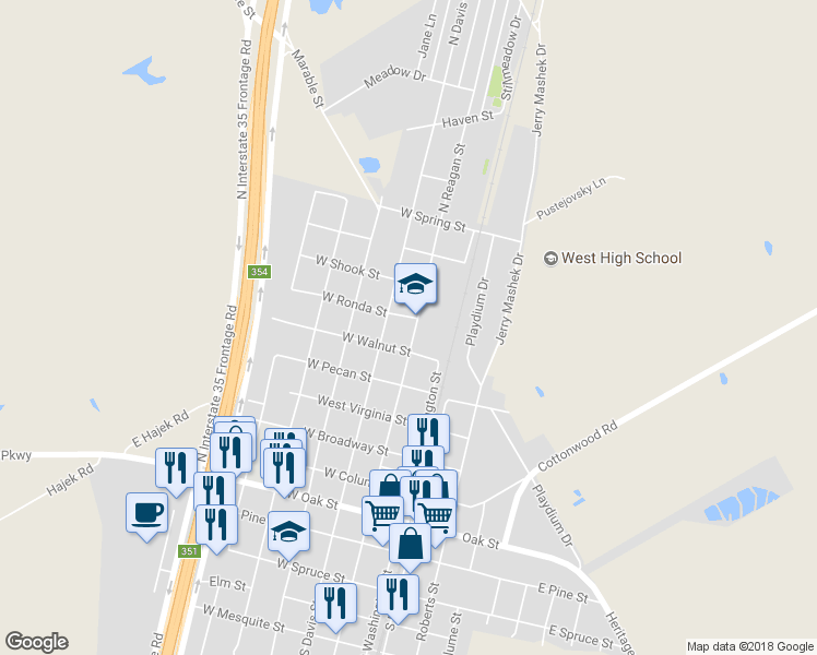 map of restaurants, bars, coffee shops, grocery stores, and more near 301 West Ronda Street in West