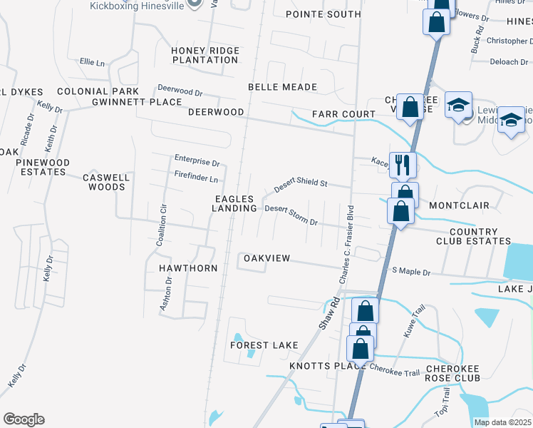 map of restaurants, bars, coffee shops, grocery stores, and more near 1221 Riyadh Road in Hinesville