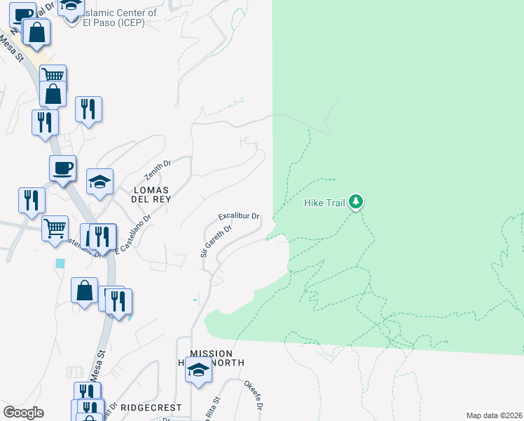 map of restaurants, bars, coffee shops, grocery stores, and more near 4800 Excalibur Drive in El Paso