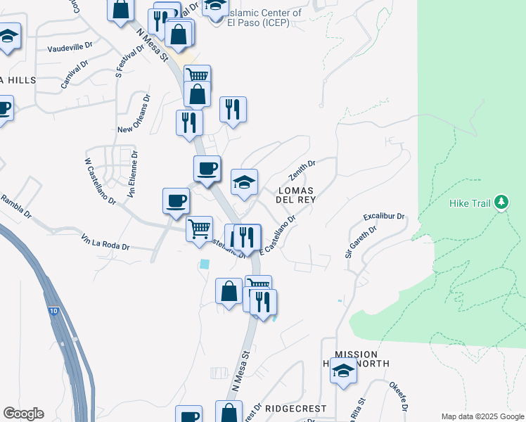 map of restaurants, bars, coffee shops, grocery stores, and more near 4867 Cuartel Lane in El Paso