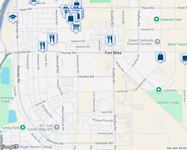map of restaurants, bars, coffee shops, grocery stores, and more near 6637 Scott Avenue in Fort Bliss