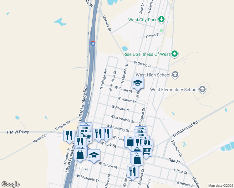 map of restaurants, bars, coffee shops, grocery stores, and more near 703 North Marable Street in West