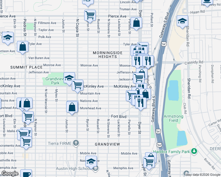 map of restaurants, bars, coffee shops, grocery stores, and more near 3705 Mountain Avenue in El Paso
