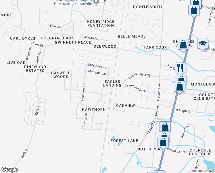 map of restaurants, bars, coffee shops, grocery stores, and more near 1402 Desert Storm Drive in Hinesville