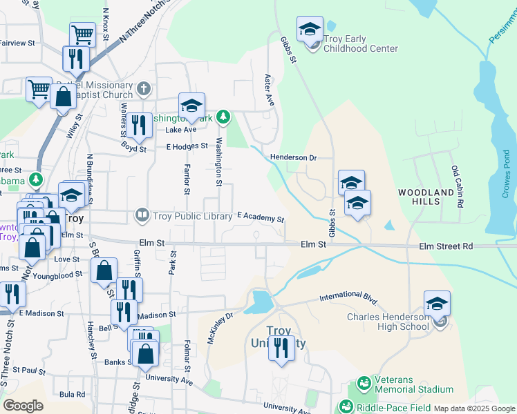 map of restaurants, bars, coffee shops, grocery stores, and more near 920 East Academy Street in Troy
