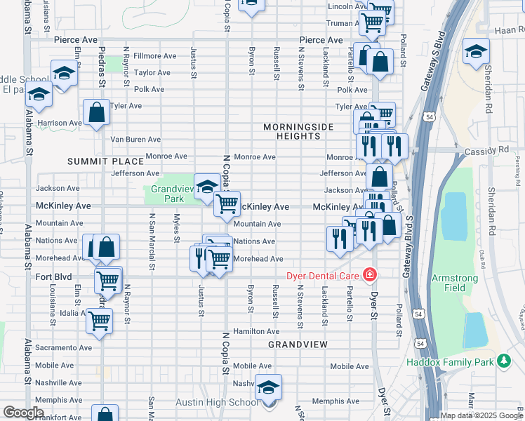 map of restaurants, bars, coffee shops, grocery stores, and more near 3514 McKinley Avenue in El Paso