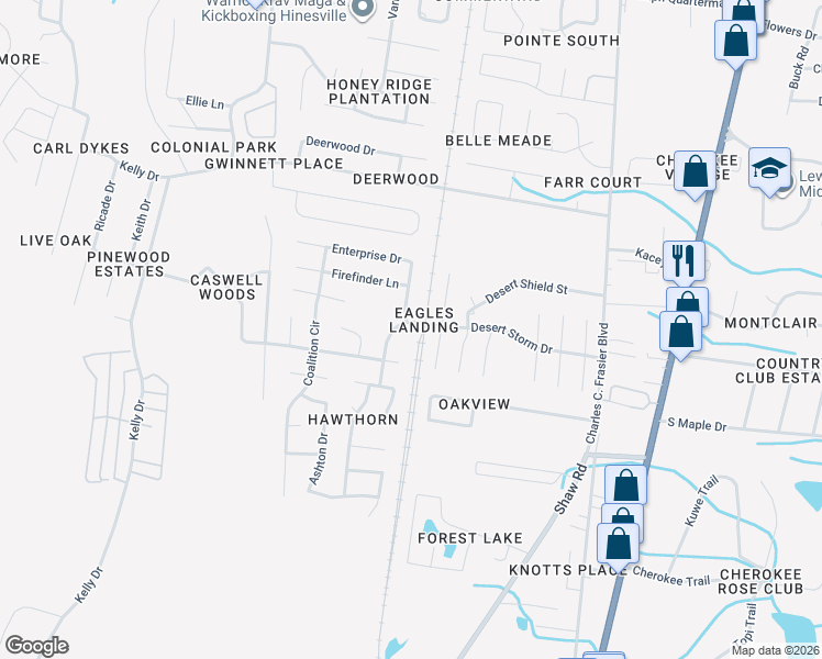 map of restaurants, bars, coffee shops, grocery stores, and more near 1400 Desert Storm Drive in Hinesville