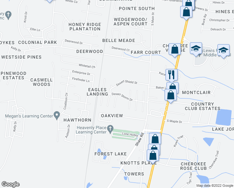 map of restaurants, bars, coffee shops, grocery stores, and more near Desert Storm Drive in Hinesville