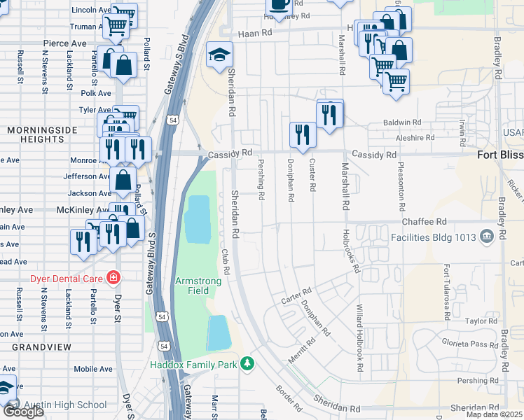map of restaurants, bars, coffee shops, grocery stores, and more near Pershing Road in Fort Bliss